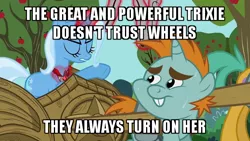 Size: 640x360 | Tagged: safe, derpibooru import, edit, edited screencap, screencap, snails, snips, trixie, pony, unicorn, magic duel, alicorn amulet, amulet, apple, apple tree, bucktooth, bullwhip, caption, chariot, colt, don't trust wheels, eyes closed, female, food, frown, glowing horn, gritted teeth, harness, horn, image macro, jewelry, joke, levitation, looking back, magic, male, mare, meme, pulling, pun, slavery, sweat, tack, telekinesis, text, that pony sure does hate wheels, tired, tree, trixie yells at everything, whip, whipping