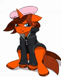 Size: 2419x3057 | Tagged: safe, artist:mcsplosion, derpibooru import, oc, oc:painterly flair, pony, unicorn, about to cry, angry, beret, clothes, costume, female, halloween, halloween costume, hat, holiday, jacket, leather jacket, nine inch nails, scrunchy face, shirt, solo, t-shirt, teary eyes, trent reznor, unshorn fetlocks