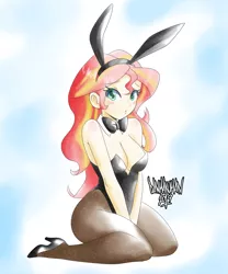Size: 2500x3000 | Tagged: suggestive, artist:danmakuman, derpibooru import, sunset shimmer, equestria girls, bare shoulders, blushing, breasts, bunny ears, bunny suit, busty sunset shimmer, cleavage, clothes, female, high heels, leotard, looking at you, pantyhose, playboy bunny, sexy, shoes, simple background, sleeveless, solo, strapless, stupid sexy sunset shimmer, white background