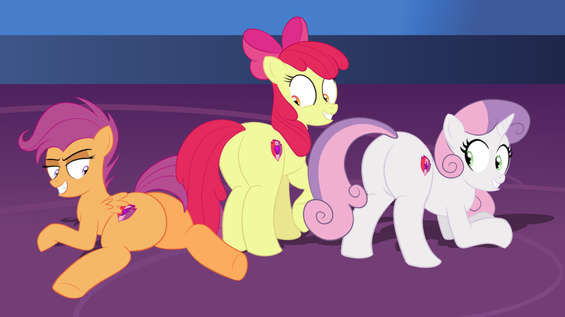 Size: 1920x1080 | Tagged: suggestive, artist:scobionicle99, derpibooru import, apple bloom, scootaloo, sweetie belle, earth pony, pegasus, pony, unicorn, growing up is hard to do, bloom butt, butt, cutie mark crusaders, female, mare, older, older apple bloom, older cmc, older scootaloo, older sweetie belle, plot, scootabutt, sweetie butt