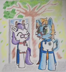 Size: 1420x1549 | Tagged: safe, artist:fireworks sea, derpibooru import, oc, oc:fireworks sea, oc:rain deer, earth pony, pony, unicorn, glasses, traditional art