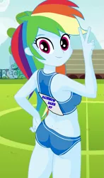 Size: 879x1500 | Tagged: safe, artist:philelmago, derpibooru import, rainbow dash, equestria girls, ass, breasts, busty rainbow dash, butt, clothes, midriff, rainbutt dash, sexy, solo, sports bra, sports panties, stupid sexy rainbow dash