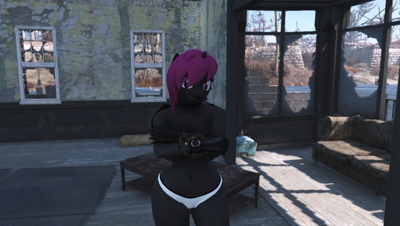 Size: 1360x768 | Tagged: questionable, artist:defector, derpibooru import, oc, oc:ethereal void, alicorn, anthro, 3d, alicorn oc, anthro oc, breasts, clothes, covered nipples, covering, crossed arms, fallout, fallout 4, female, horn, looking at you, panties, pip-boy, solo, solo female, underwear, wide hips, wings