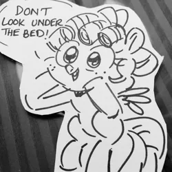 Size: 2048x2048 | Tagged: safe, artist:ohjeetorig, derpibooru import, cozy glow, pegasus, pony, black and white, female, filly, grayscale, irl, monochrome, official fan art, paper child, photo, pony ciderfest, sketch, traditional art