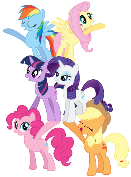 Size: 6000x8062 | Tagged: safe, artist:ready2fail, derpibooru import, applejack, fluttershy, pinkie pie, rainbow dash, rarity, twilight sparkle, earth pony, pegasus, pony, unicorn, games ponies play, .ai available, .svg available, absurd resolution, eyes closed, female, greeting, holding a pony, lidded eyes, mane six, mare, open mouth, pony pile, pony pyramid, raised hoof, simple background, smiling, tower of pony, transparent background, unicorn twilight, vector