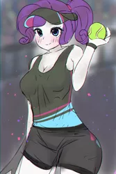 Size: 3176x4760 | Tagged: safe, artist:choyamy, derpibooru import, rarity, equestria girls, anime, blushing, breasts, cleavage, clothes, cute, female, high res, raribetes, shorts, solo, sports, sports outfit, sports shorts, tanktop, tennis, tennis ball