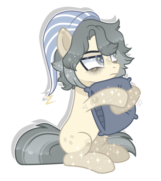 Size: 2389x2677 | Tagged: safe, artist:sugaryicecreammlp, derpibooru import, oc, oc:hiroki, earth pony, pony, female, hat, mare, nightcap, pillow, simple background, solo, transparent background