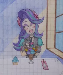 Size: 2621x3104 | Tagged: safe, artist:nintencano, derpibooru import, starlight glimmer, human, equestria girls, beanie, blushing, breasts, clothes, date, food, graph paper, happy, hat, humanized, ice cream, light skin, lined paper, solo, that human sure does love ice cream, traditional art