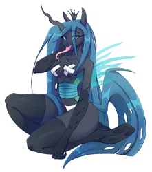 Size: 2656x3000 | Tagged: suggestive, artist:1an1, derpibooru import, queen chrysalis, anthro, changeling, changeling queen, unguligrade anthro, blushing, breasts, cleavage, clothes, drool, evening gloves, fangs, female, gloves, green eyes, high res, long gloves, long tongue, looking at you, nipple tape, open mouth, panties, pasties, sexy, simple background, socks, solo, solo female, thigh highs, tongue out, underwear, white background