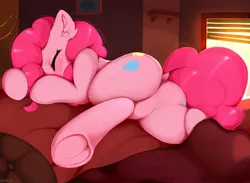 Size: 2560x1877 | Tagged: suggestive, artist:ritter, derpibooru import, pinkie pie, earth pony, pony, adorasexy, balloonbutt, bed, blushing, butt, cute, diapinkes, dock, ear fluff, eyes closed, featureless crotch, female, frog (hoof), laying on bed, mare, on bed, plot, sexy, sleeping, sunrise, underhoof