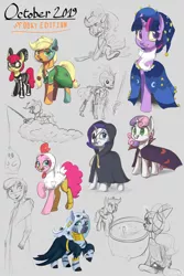 Size: 1280x1920 | Tagged: safe, artist:silverhopexiii, derpibooru import, apple bloom, applejack, derpy hooves, pinkie pie, princess luna, rainbow dash, rarity, scootaloo, sweetie belle, twilight sparkle, zecora, alicorn, pegasus, pony, unicorn, zebra, animal costume, bone, bow, broom, chicken pie, chicken suit, clothes, costume, cutie mark crusaders, ear piercing, earring, female, filly, flying, flying broomstick, frankenstein's monster, gray background, hair bow, jewelry, looking at you, mare, necklace, nightmare night costume, piercing, simple background, skeleton, sketch, star swirl the bearded costume, sword, unicorn twilight, weapon
