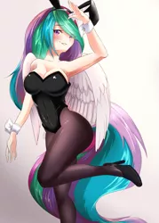 Size: 1435x2000 | Tagged: adorasexy, anime, armpits, artist:urpone, bare shoulders, breasts, bunny ears, bunnylestia, bunny suit, busty princess celestia, clothes, cuffs (clothes), cute, cutelestia, derpibooru import, eyebrows visible through hair, eye clipping through hair, female, high heels, horn, horned humanization, human, humanized, leotard, princess celestia, sexy, shoes, sleeveless, smiling, solo, strapless, suggestive, tailed humanization, thong leotard, winged humanization, wings