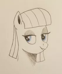 Size: 821x973 | Tagged: safe, artist:polar_storm, derpibooru import, maud pie, earth pony, pony, amused, blue eyes, female, happy, mare, monochrome, neo noir, partial color, simple background, sketch, solo, traditional art, white background