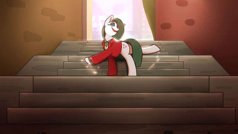 Size: 3954x2224 | Tagged: safe, artist:neighday, derpibooru import, marble pie, ponified, earth pony, pony, arthur fleck, clothes, cute, dancing, dancing joker, digital art, eyes closed, female, incelpie, joker (2019), joker stairs, makeup, marblebetes, mare, smiling, solo, stairs, the joker