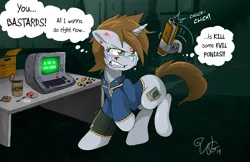 Size: 5100x3300 | Tagged: safe, artist:willdabeard, derpibooru import, oc, oc:littlepip, pony, unicorn, fallout equestria, fanfic, angry, appleloosa, ashtray, cigarette, clothes, colored, comic, crying, cutie mark, fanfic art, female, gritted teeth, gun, handgun, hooves, horn, levitation, magic, mare, pipbuck, raised hoof, shotgun, solo, telekinesis, terminal, thought bubble, vault suit, weapon