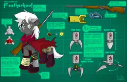 Size: 2550x1650 | Tagged: safe, artist:willdabeard, derpibooru import, oc, oc:featherhoof, cyborg, earth pony, pony, robot, fallout equestria, amputee, boots, clothes, description, diagram, ear piercing, earring, female, flare gun, gray coat, gun, hunting rifle, jewelry, liberator, mare, one eye, piercing, prosthetic limb, prosthetics, reference sheet, robot eye, satchel, shoes, shotgun, solo, stern, weapon, white mane