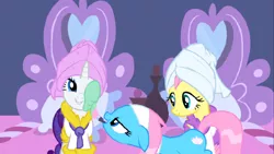 Size: 1136x640 | Tagged: safe, derpibooru import, screencap, aloe, fluttershy, lotus blossom, rarity, earth pony, pegasus, pony, unicorn, green isn't your color, applying, bathrobe, clothes, female, floppy ears, mare, mud mask, robe, smiling, spa, towel on head