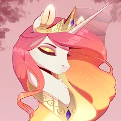 Size: 2200x2200 | Tagged: safe, artist:evehly, derpibooru import, edit, princess celestia, alicorn, pony, bust, chest fluff, collar, cropped, crown, eyes closed, female, jewelry, mare, necklace, portrait, regalia, solo, tiara