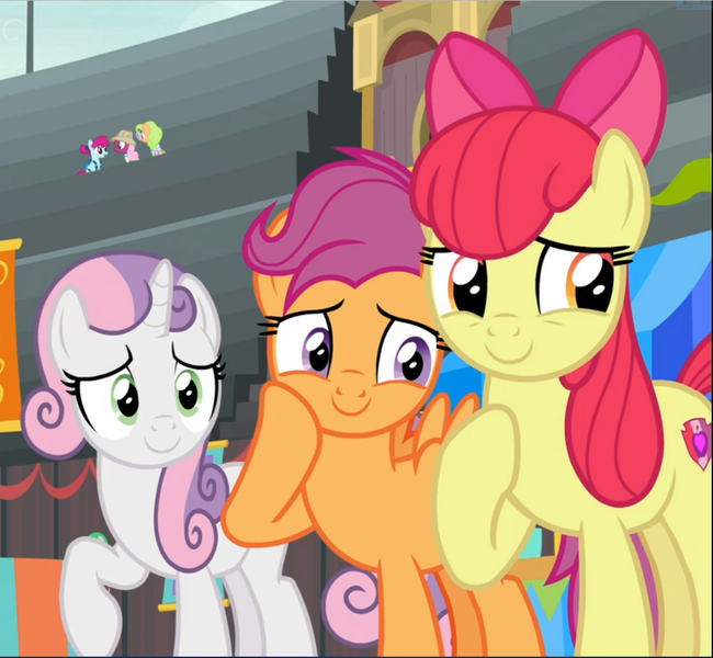 Size: 1019x940 | Tagged: safe, derpibooru import, screencap, apple bloom, floral pattern, fruit pack, happy khaki, ruby splash, scootaloo, sweetie belle, trail blazer, earth pony, pegasus, pony, unicorn, growing up is hard to do, bow, cropped, cute, cutie mark crusaders, female, hair bow, hoof on cheek, mare, older, older apple bloom, older cmc, older scootaloo, older sweetie belle, raised hoof, small wings, smiling, trio, wings