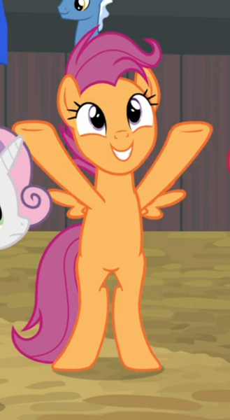 Size: 364x664 | Tagged: safe, derpibooru import, screencap, pokey pierce, scootaloo, sweetie belle, pegasus, pony, unicorn, growing up is hard to do, bipedal, cropped, cute, cutealoo, female, mare, offscreen character, older, older scootaloo, older sweetie belle, small wings, smiling, solo focus, wings