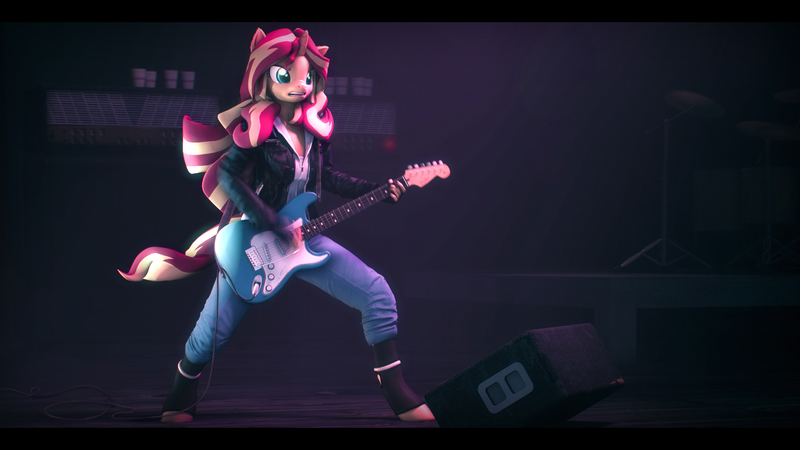 Size: 9600x5400 | Tagged: safe, artist:imafutureguitarhero, derpibooru import, sunset shimmer, anthro, unguligrade anthro, unicorn, 3d, absurd file size, absurd resolution, amplifier, black bars, boots, cable, cheek fluff, chest fluff, chromatic aberration, clothes, colored eyebrows, colored eyelashes, cup, drink, drum kit, drum set, drums, ear fluff, electric guitar, female, fender, fender stratocaster, film grain, fingerless gloves, floppy ears, fluffy, fur, gloves, guitar, guitar amp, guitar strap, horn, jacket, jeans, leather, leather boots, leather gloves, leather jacket, long hair, long mane, mare, monitor, motion blur, multicolored hair, multicolored mane, multicolored tail, musical instrument, nose fluff, open mouth, pants, remake, revamped anthros, revamped ponies, shoes, signature, solo, source filmmaker, speakers, stage, stratocaster, wall of tags, windswept hair, windswept mane, windswept tail