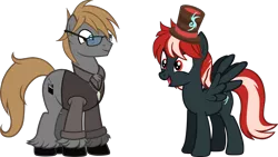 Size: 2000x1125 | Tagged: safe, artist:theeditormlp, derpibooru import, oc, oc:shadow rush, oc:the editor, unofficial characters only, earth pony, pegasus, pony, clothes, glasses, hat, male, shirt, simple background, stallion, top hat, transparent background, vest