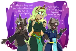 Size: 1280x853 | Tagged: safe, artist:redxbacon, derpibooru import, oc, oc:parch well, oc:princess olemus, oc:securina, unofficial characters only, alicorn, anthro, unicorn, alicorn oc, armor, belt, belt jewelry, clothes, crown, dress, ethereal mane, female, horn, jewelry, loincloth, long hair, long mane, missing wing, necklace, regalia, wings