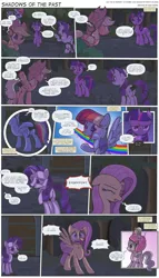 Size: 2250x3944 | Tagged: semi-grimdark, artist:perfectblue97, derpibooru import, applejack, diamond tiara, fluttershy, rainbow dash, rarity, twilight sparkle, changeling, earth pony, pegasus, pony, unicorn, comic:shadows of the past, breaking the fourth wall, censor bar, censored, comic, crying, disguise, disguised changeling, door, everfree forest, female, filly, helmet, implied pissing, implied urine, manebow sparkle, mare, unicorn twilight, unnecessary censorship
