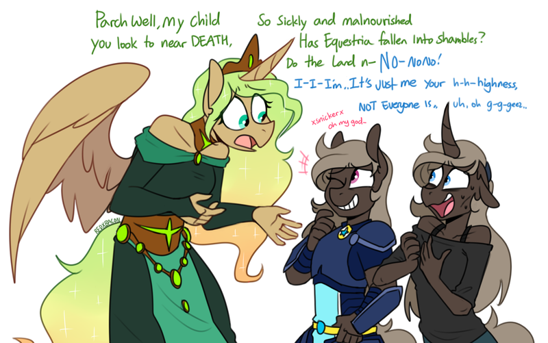 Size: 1280x801 | Tagged: safe, artist:redxbacon, derpibooru import, oc, oc:parch well, oc:princess olemus, oc:securina, unofficial characters only, alicorn, anthro, unicorn, alicorn oc, belt, belt jewelry, belt loincloth, crown, curved horn, ethereal mane, female, horn, jewelry, loincloth, long hair, regalia, underweight, wings