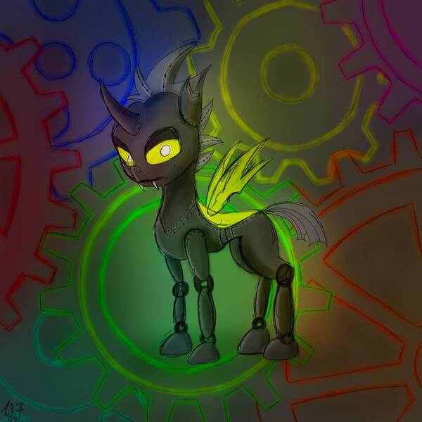 Size: 894x894 | Tagged: artist:atomfliege, changeling, changeling oc, derpibooru import, looking at you, male, oc, oc:warplix, robot, robot changeling, safe, solo, standing, unofficial characters only, yellow changeling