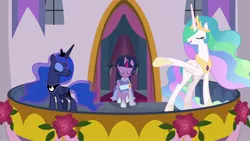 Size: 1920x1080 | Tagged: safe, derpibooru import, screencap, princess celestia, princess luna, twilight sparkle, twilight sparkle (alicorn), alicorn, pony, the last problem, alternate hairstyle, balcony, chestplate, clothes, coronation dress, crown, dress, ethereal mane, ethereal tail, eyes closed, eyeshadow, female, flowing mane, flowing tail, folded wings, graceful, hoof shoes, jewelry, makeup, mare, multicolored mane, pointing, presenting, proud, regalia, retirement, royal sisters, second coronation dress, siblings, sisters, smiling, talking, trio, wings