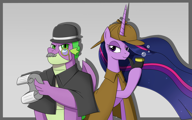 Size: 1600x1000 | Tagged: safe, artist:mew-me, derpibooru import, princess twilight 2.0, spike, twilight sparkle, twilight sparkle (alicorn), alicorn, dragon, pony, the last problem, bowler hat, bubble pipe, deerstalker, detective, doctor watson, fake moustache, hat, monocle, older, older spike, older twilight, pipe, sherlock holmes, watson, winged spike