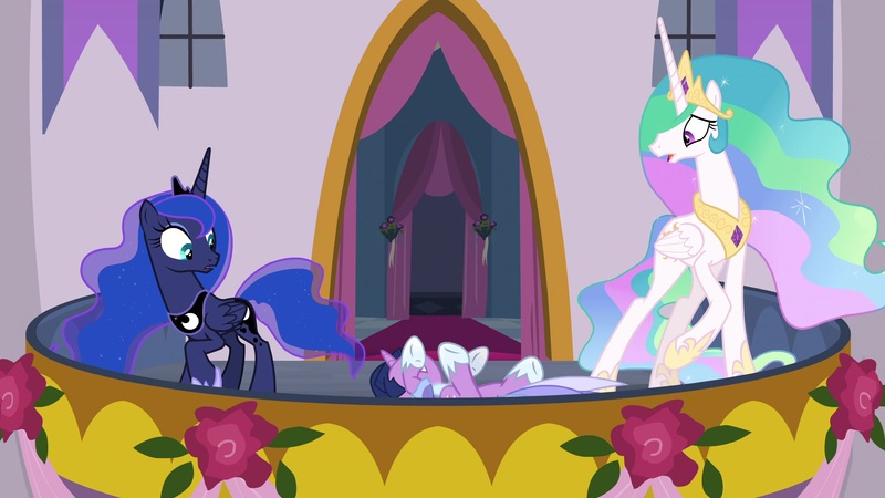 Size: 1920x1080 | Tagged: safe, derpibooru import, screencap, princess celestia, princess luna, twilight sparkle, twilight sparkle (alicorn), alicorn, pony, the last problem, balcony, canterlot castle, clothes, concerned, coronation dress, dress, ethereal mane, flowing mane, hoof shoes, how embarrassing, oops, raised hoof, retirement, royal sisters, shocked, trio, tripping