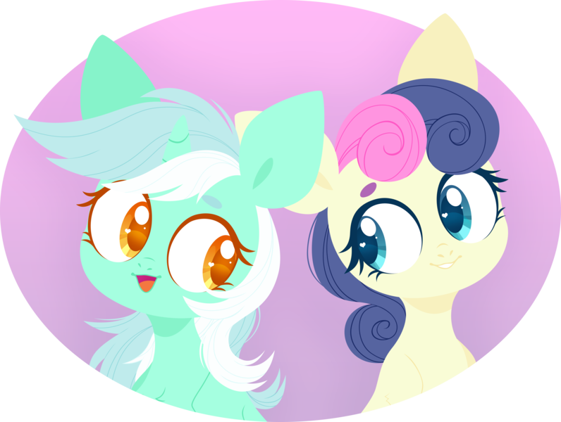 Size: 5000x3768 | Tagged: safe, artist:belka-sempai, derpibooru import, bon bon, lyra heartstrings, sweetie drops, earth pony, pony, unicorn, bust, duo, female, looking at each other, looking sideways, mare, smiling