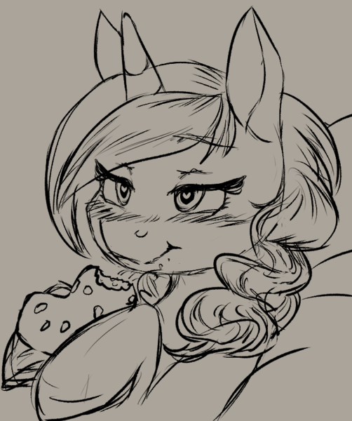 Size: 678x811 | Tagged: safe, artist:lockhe4rt, derpibooru import, sweet biscuit, pony, unicorn, black and white, cute, eating, female, food, grayscale, heart eyes, mare, monochrome, wingding eyes