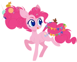 Size: 5000x4000 | Tagged: safe, artist:belka-sempai, derpibooru import, pinkie pie, earth pony, pony, the last problem, candy, candy in hair, chest fluff, confetti, confetti in mane, cute, diapinkes, female, food, head turn, hooves, lineless, lollipop, looking away, looking sideways, mare, older, older pinkie pie, raised hoof, raised leg, rubber duck, simple background, solo, standing, teddy bear, three quarter view, tongue out, toy, transparent background