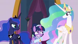 Size: 1920x1080 | Tagged: safe, derpibooru import, screencap, princess celestia, princess luna, twilight sparkle, twilight sparkle (alicorn), alicorn, pony, the last problem, alternate hairstyle, amused, clothes, coronation dress, crown, dress, embarrassed, ethereal mane, flowing mane, folded wings, jewelry, long neck, regalia, retirement, royal sisters, second coronation dress, sheepish grin, smiling, trio, wings