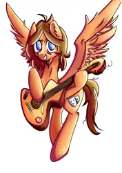 Size: 2837x4000 | Tagged: safe, artist:coco-drillo, derpibooru import, oc, unofficial characters only, pegasus, pony, ear fluff, flying, grin, guitar, messy mane, musical instrument, playing instrument, smiling, tired eyes