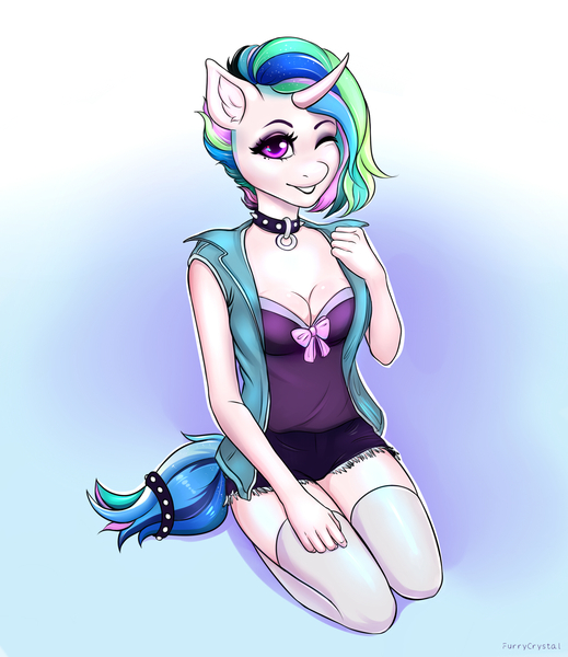 Size: 2000x2311 | Tagged: alicorn, alternate hairstyle, anthro, artist:furrycrystal, black eyeshadow, black lipstick, breasts, busty princess celestia, choker, cleavage, clothes, commission, derpibooru import, ear piercing, eyeliner, eyeshadow, female, gradient background, kneeling, lipstick, makeup, one eye closed, piercing, princess celestia, punklestia, safe, smiling, socks, solo, thigh highs, wink, ych result