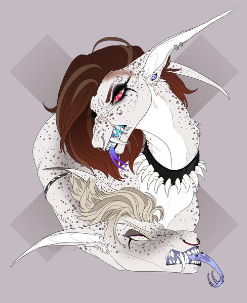 Size: 1280x1575 | Tagged: safe, artist:dementra369, derpibooru import, oc, unofficial characters only, pony, collar, couple, eyeshadow, fangs, forked tongue, freckles, long ears, makeup, piercing, scar