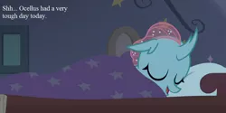 Size: 864x432 | Tagged: 2 4 6 greaaat, bed, blanket, caption, changedling, changeling, cropped, cuddly, cute, cuteling, daaaaaaaaaaaw, derpibooru import, diaocelles, edit, edited screencap, image macro, ocellus, pillow, safe, screencap, sleeping, snuggling, solo, text, weapons-grade cute