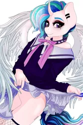 Size: 1500x2250 | Tagged: alicorn, alternate hairstyle, anthro, artist:mynniel, beautiful, black eyeshadow, bottomless, choker, clothes, collar, commission, derpibooru import, ear piercing, eyeliner, eyeshadow, female, fishnets, makeup, mare, miniskirt, no panties, partial nudity, piercing, princess celestia, punklestia, simple background, skirt, skirt lift, skirt pull, smiling, socks, solo, solo female, spiked collar, stockings, suggestive, thigh highs, white background, ych result