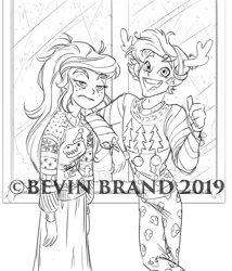 Size: 792x924 | Tagged: safe, artist:bevin brand, deleted from derpibooru, derpibooru import, gloriosa daisy, timber spruce, equestria girls, antlers, bed hair, christmas sweater, clothes, image, jpeg, lineart, obtrusive watermark, official fan art, reindeer antlers, sweater, thumbs up, watermark, window