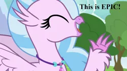 Size: 1280x720 | Tagged: caption, cute, derpibooru import, diastreamies, edit, edited screencap, image macro, jewelry, necklace, non-compete clause, reaction image, safe, screencap, silverstream, speech, talking, text, tree