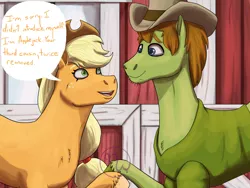 Size: 2400x1800 | Tagged: safe, artist:azurllinate, derpibooru import, applejack, ponified, earth pony, pony, barn, blue eyes, clothes, cloven hooves, cousins, crossover, dialogue, family, female, green eyes, hat, headcanon, hoofshake, looking at each other, male, open mouth, scooby doo shaggys showdown, shaggy rogers, shirt, smiling, speech bubble, ten gallon hat, window