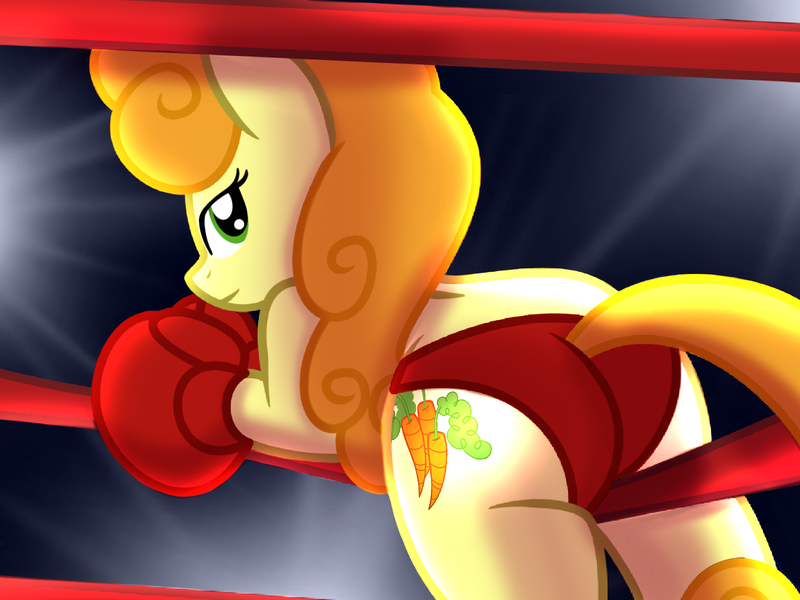 Size: 1600x1200 | Tagged: suggestive, artist:toyminator900, derpibooru import, carrot top, golden harvest, earth pony, pony, bedroom eyes, boxing, boxing gloves, butt, carrot bottom, clothes, female, goldenbutt, plot, rope, show accurate, solo, solo female, sports, sports panties