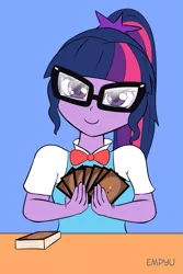 Size: 667x1000 | Tagged: safe, artist:empyu, derpibooru import, sci-twi, twilight sparkle, human, equestria girls, 45 minute art challenge, card, card game, deck of cards, glasses, looking at you, magic the gathering, solo