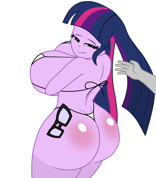 Size: 2800x3200 | Tagged: suggestive, artist:mashoart, derpibooru import, sci-twi, twilight sparkle, oc, oc:anon, human, equestria girls, ass, bicolor swimsuit, big breasts, bikini, bootylicious, breasts, busty sci-twi, busty twilight sparkle, butt, clothes, female, glasses, hand, high res, huge breasts, human on equestria girl action, lidded eyes, looking back, looking over shoulder, loose hair, offscreen character, sexy, simple background, smiling, solo, solo focus, stupid sexy sci-twi, stupid sexy twilight, swimsuit, the ass was fat, thick, thighs, thong swimsuit, twibutt, white background, white swimsuit