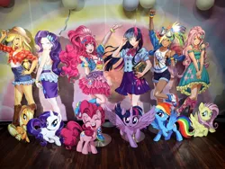 Size: 2048x1536 | Tagged: safe, derpibooru import, edit, kotobukiya, applejack, fluttershy, pinkie pie, rainbow dash, rarity, twilight sparkle, twilight sparkle (alicorn), alicorn, earth pony, human, pegasus, pony, unicorn, anime, book, boots, clothes, cowboy boots, cowboy hat, denim skirt, dress, female, glasses, goggles, hat, human ponidox, humanized, i can't believe it's not sci-twi, irl, looking at you, mane six, mare, merchandise, photo, pleated skirt, self paradox, self ponidox, shoes, shorts, side slit, skirt, smiling