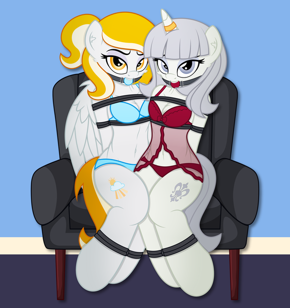 Size: 3640x3865 | Tagged: suggestive, alternate version, artist:digiqrow, deleted from derpibooru, derpibooru import, oc, oc:rita cloudy, oc:rosa bianca, pegasus, pony, semi-anthro, unicorn, arm behind back, ballgag, blue underwear, bondage, bra, bra on pony, chest fluff, clothes, couch, female, females only, gag, horn, horn ring, lingerie, looking at you, magic suppression, milf, nightgown, panties, red underwear, ring, underwear